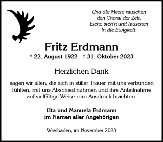 Traueranzeige von Fritz Erdmann von Wiesbadener Kurier