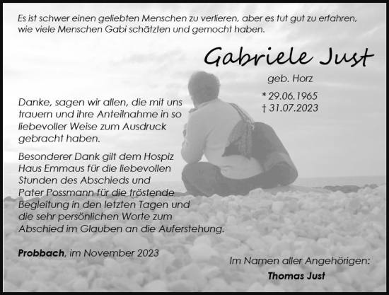 Traueranzeige von Gabriele Just von Weilburger Tageblatt