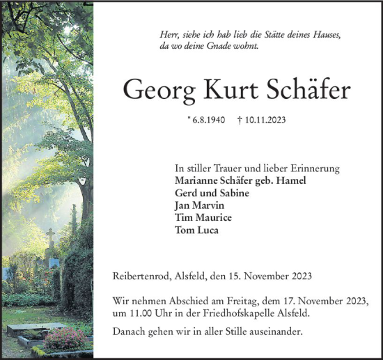 Traueranzeige von Georg Kurt Schäfer von VRM Trauer