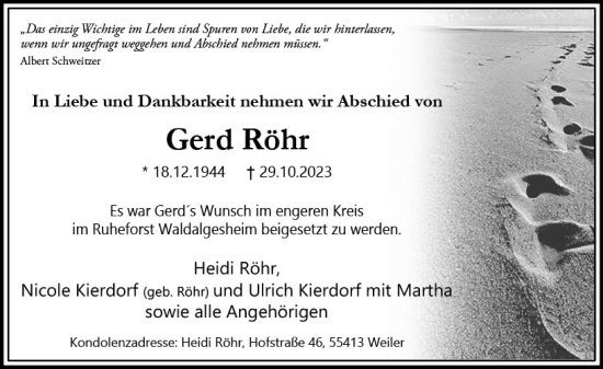 Traueranzeige von Gerd Röhr von Allgemeine Zeitung Bingen/Ingelheim