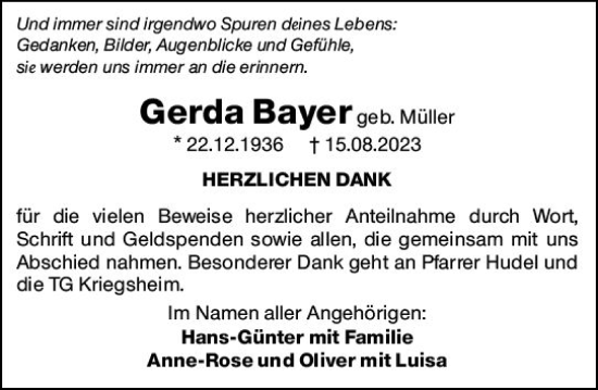 Traueranzeige von Gerda Bayer von Wormser Zeitung
