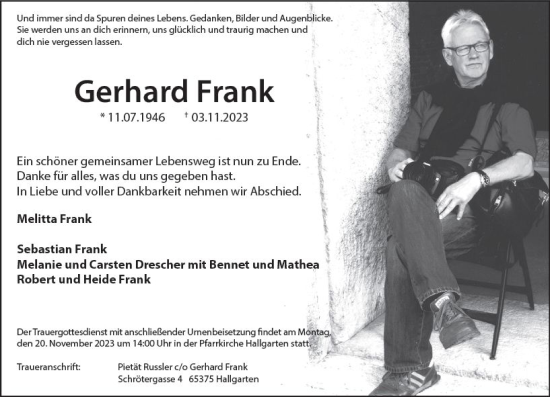 Traueranzeige von Gerhard Frank von Wiesbadener Kurier