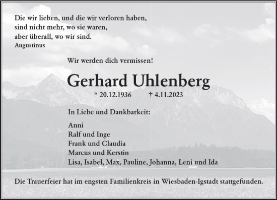 Traueranzeige von Gerhard Uhlenberg von Wiesbadener Kurier
