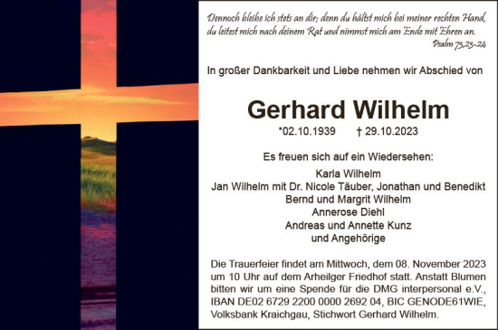Traueranzeige von Gerhard Wilhelm von Darmstädter Echo
