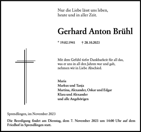 Traueranzeige von Gerhard Anton Briihl von Allgemeine Zeitung Bingen/Ingelheim