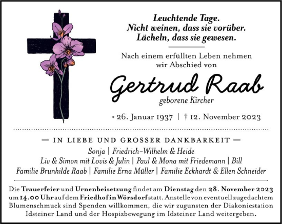 Traueranzeige von Gertrud Raab von Idsteiner Land/Untertaunus