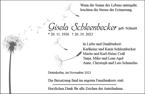 Traueranzeige von Gisela Schleenbecker von Wetzlarer Neue Zeitung