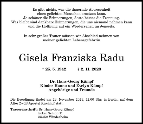 Traueranzeige von Gisela Franziska Radu von Allgemeine Zeitung Bad Kreuznach