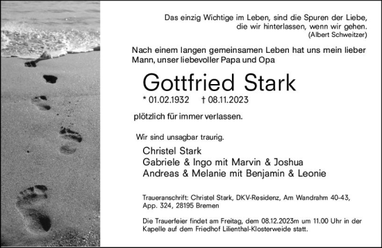 Traueranzeige von Gottfried Stark von Allgemeine Zeitung Bad Kreuznach