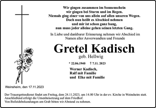 Traueranzeige von Gretel Kadisch von Allgemeine Zeitung Bad Kreuznach