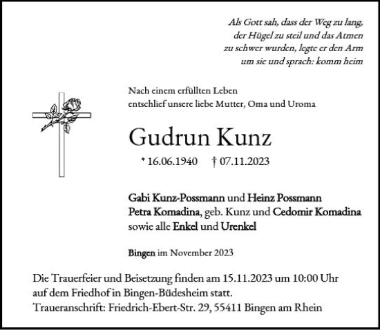 Traueranzeige von Gudrun Kunz von Allgemeine Zeitung Bingen/Ingelheim