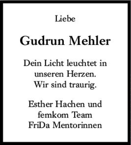 Traueranzeige von Gudrun Mehler von Darmstädter Echo