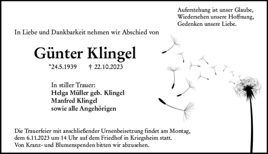 Traueranzeige von Günter Klingel von Wormser Zeitung