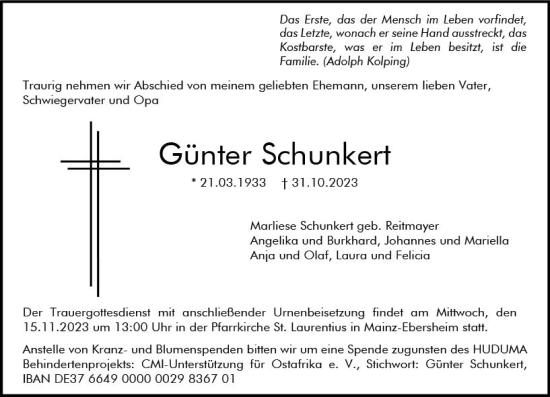 Traueranzeige von Günter Schunkert von Allgemeine Zeitung Mainz