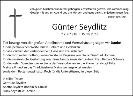Traueranzeige von Günter Seydlitz von Allgemeine Zeitung Mainz