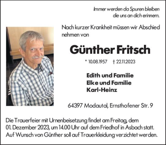 Traueranzeige von Günther Fritsch von Darmstädter Echo