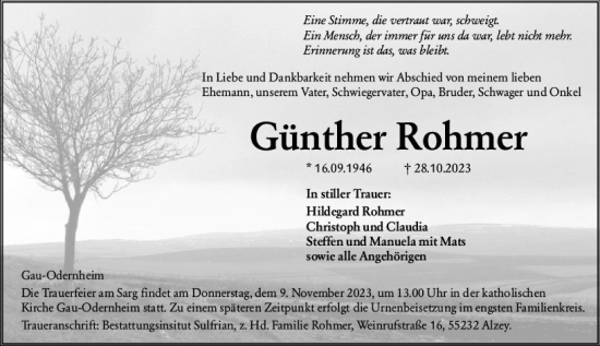 Traueranzeige von Günther Rohmer von Allgemeine Zeitung Alzey