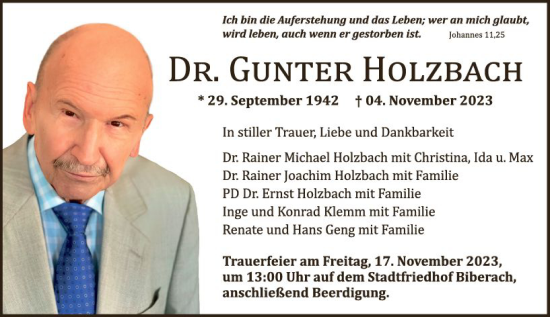 Traueranzeige von Gunter Holzbach von Allgemeine Zeitung Bingen/Ingelheim