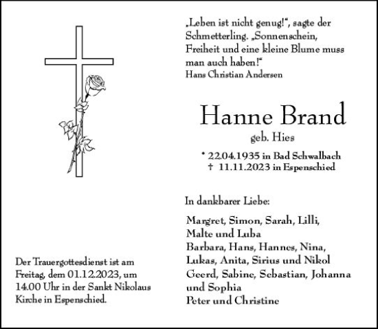 Traueranzeige von Hanne Brand von Wiesbadener Kurier