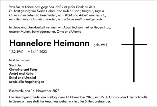Traueranzeige von Hannelore Heimann von Dill Block