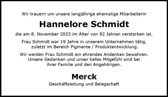 Traueranzeige von Hannelore Schmidt von Darmstädter Echo