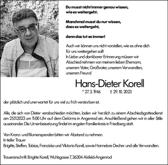 Traueranzeige von Hans-Dieter Korell von VRM Trauer