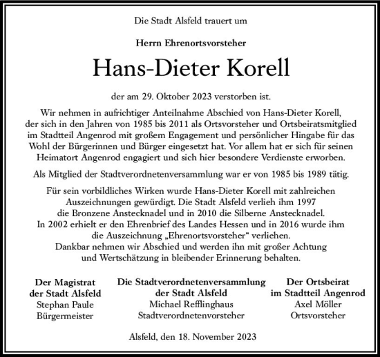 Traueranzeige von Hans-Dieter Korell von VRM Trauer