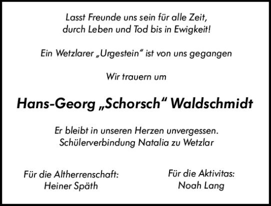 Traueranzeige von Hans-Georg Waldschmidt von Wetzlarer Neue Zeitung