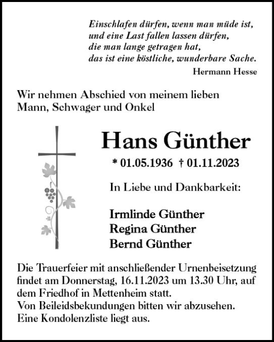 Traueranzeige von Hans Günther von Wormser Zeitung