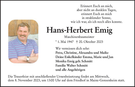 Traueranzeige von Hans-Herbert Emig von Allgemeine Zeitung Mainz