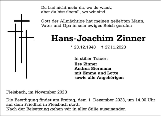Traueranzeige von Hans-Joachim Zinner von Dill Block