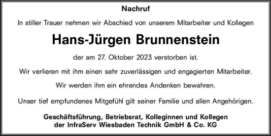 Traueranzeige von Hans-Jürgen Brunnenstein von Wiesbadener Kurier