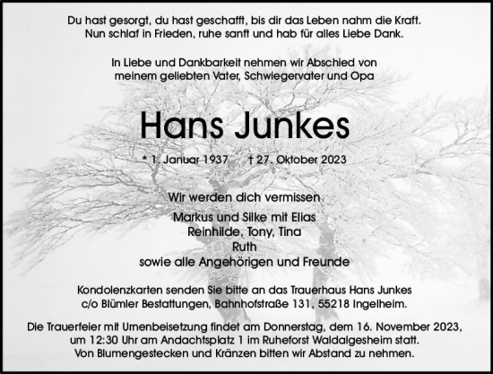 Traueranzeige von Hans Junkes von Allgemeine Zeitung Bingen/Ingelheim