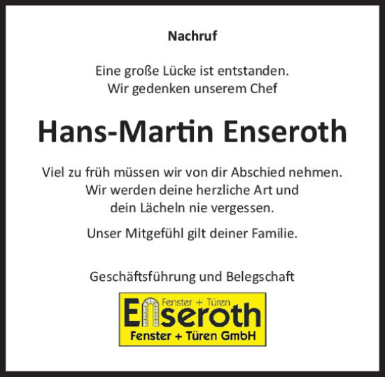Traueranzeige von Hans-Martin Enseroth von Dill Block Traueranzeige von Hans-Martin Enseroth von Dill Block