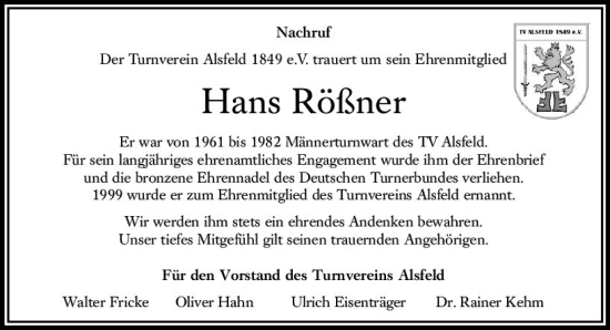 Traueranzeige von Hans Rößner von VRM Trauer