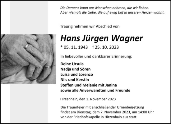 Traueranzeige von Hans Jürgen Wagner von Dill Block