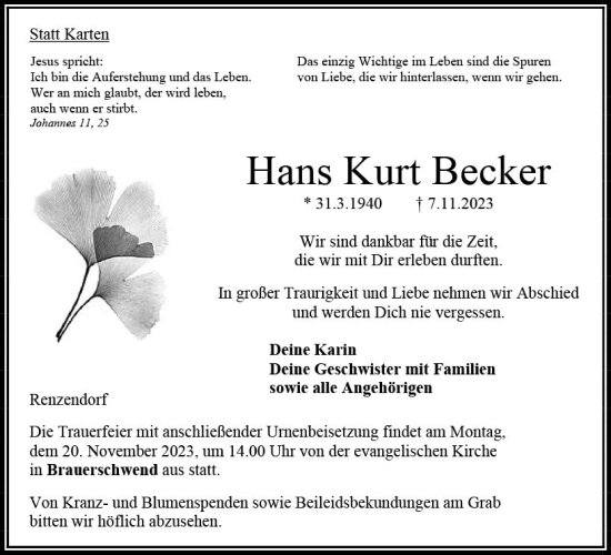 Traueranzeige von Hans Kurt Becker von VRM Trauer