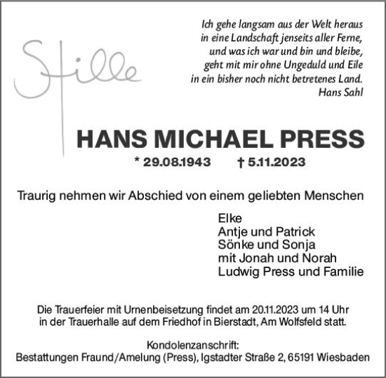 Traueranzeige von Hans Michael Press von Wiesbadener Kurier