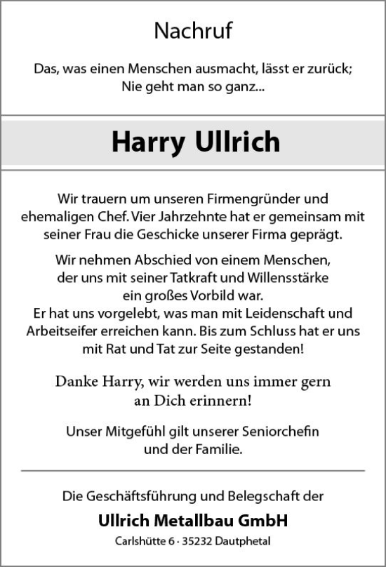 Traueranzeige von Harry Ullrich von Hinterländer Anzeiger