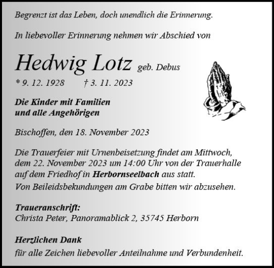 Traueranzeige von Hedwig Lotz von Dill Block