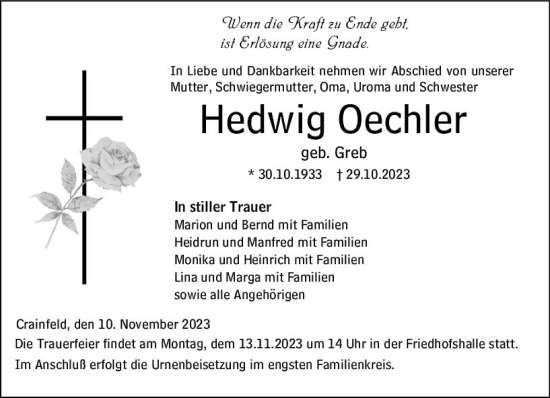 Traueranzeige von Hedwig Oechler von VRM Trauer