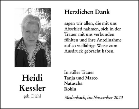 Traueranzeige von Heidi Kessler von Dill Block