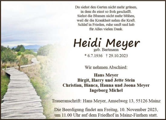 Traueranzeige von Heidi Meyer von Allgemeine Zeitung Mainz