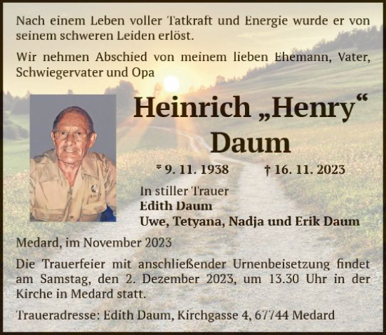 Traueranzeige von Heinrich Daum von Groß-Gerauer Echo