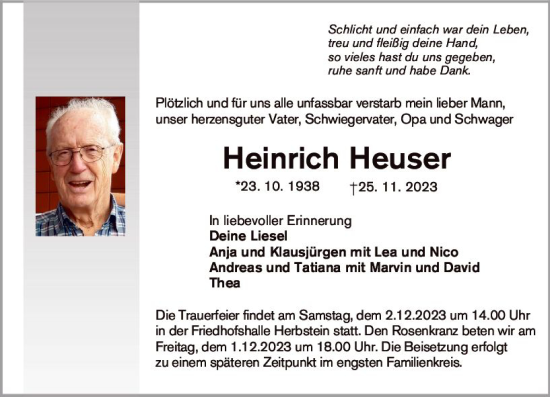 Traueranzeige von Heinrich Heuser von VRM Trauer