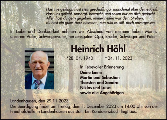 Traueranzeige von Heinrich Höhl von VRM Trauer