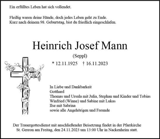 Traueranzeige von Heinrich Josef Mann von Allgemeine Zeitung Mainz