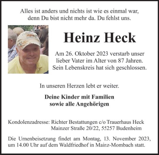 Traueranzeige von Heinz Heck von Allgemeine Zeitung Mainz
