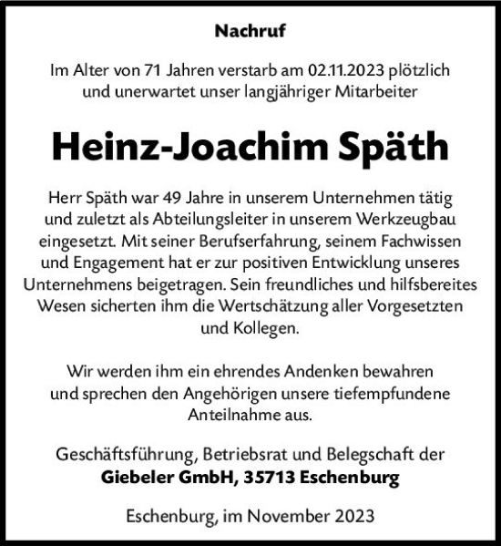 Traueranzeige von Heinz-Joachim Späth von Dill Block