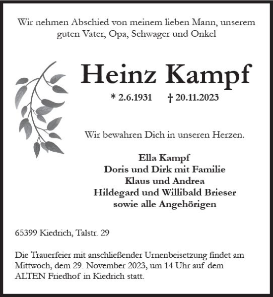 Traueranzeige von Heinz Kampf von Rheingau Kurier